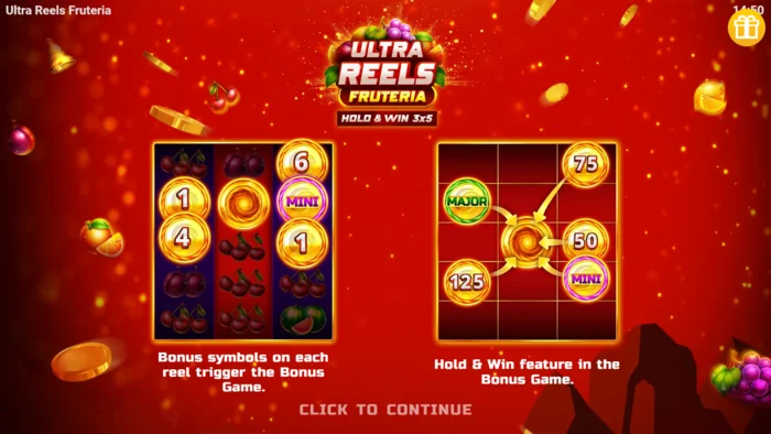 Ultra Reels Fruteria – algmenüü ja käivitusnupp